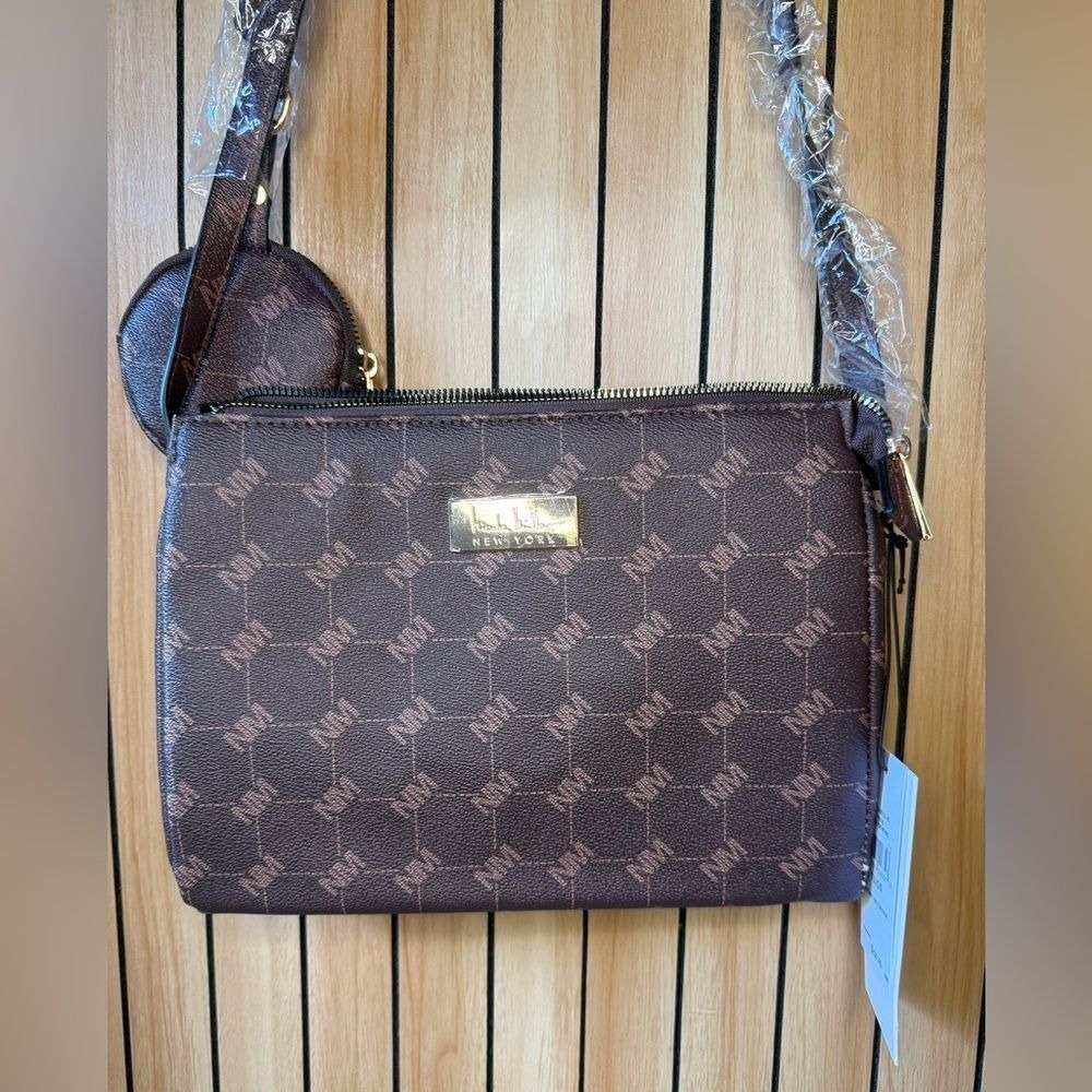 Nicole Miller Logo Crossbody Bag Brown Monogram Coin Purse NWT